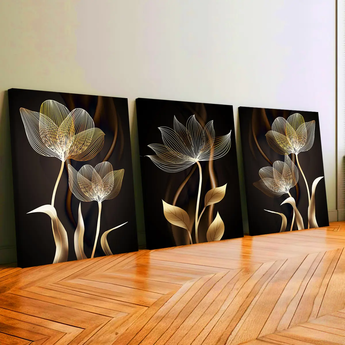 3Pcs Wooden-Framed Canvas Print - Gold Line Art Flower Painting, Black Background, Floral Aesthetic Pattern, Odourless Modern Home Decor, Office Wall Art, Home Decor Items for Living Room, Bedroom