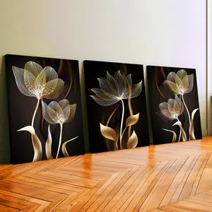 3Pcs Wooden Framed Canvas Painting, Gold Line Art Flowers On Black Background, Exquisite Poster, Home Decoration, Pattern Wall Art Decor, For Living Room, Bedroom, Office, Restaurant, Bar Wall Decor, Odorless, Painting, Print Artwork.