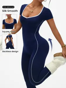 Women's Seamless Hidden Blue Short Sleeve Long Pants Backless Sports Yoga Jumpsuit, Back Cut-Out Beauty Back, Casual Daily Wear, Workout Jumpsuit, Yoga Workout Jumpsuits, High Waisted Jumpsuits