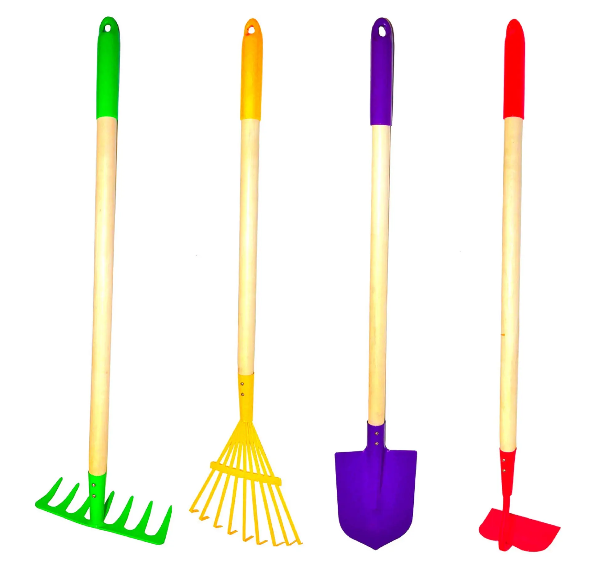 G & F Products JustForKids Kids 4-Piece Garden Tool Set Toy - Sturdy Steel Heads, Real Wood Handles, Lightweight, Safety Caps, Multicolored, for 5yr+ Creativity & Playtime (Rake, Spade, Hoe), Tools, Leaf Rake