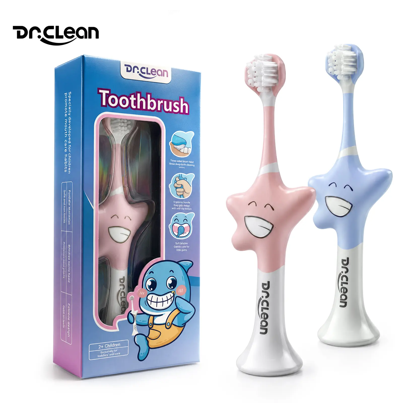 Dr.Clean Soft children's toothbrush, efficient 3-sided toothbrush, baby toothbrush for 12 months and above, baby toothbrush, children's auxiliary training toothbrush, suitable for 2-12 years old, clean all sides