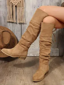 Women's Fashion Plain Back Tie Pointed Toe Knee Boots, Casual Western Style Elegant Boots, Trendy All-Match Shoes for Fall Winter Seasons, Pointed Toes Boots