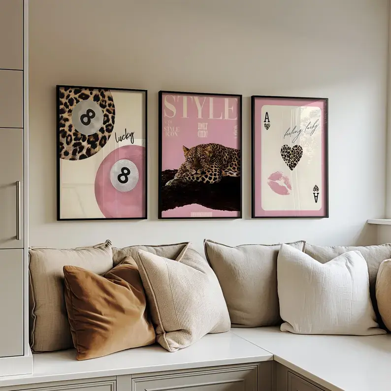 Coquette Wall Art Set of 3 Pink Leopard Print Posters, Lucky 8 Ball Print