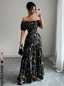 Fashion Floral Off-Shoulder Long Dress, Bubble Sleeves & Waist Slit Design, Perfect Summer, Bohemian Boho Style, Ideal for Vacation & Romantic Nights, Womenswear