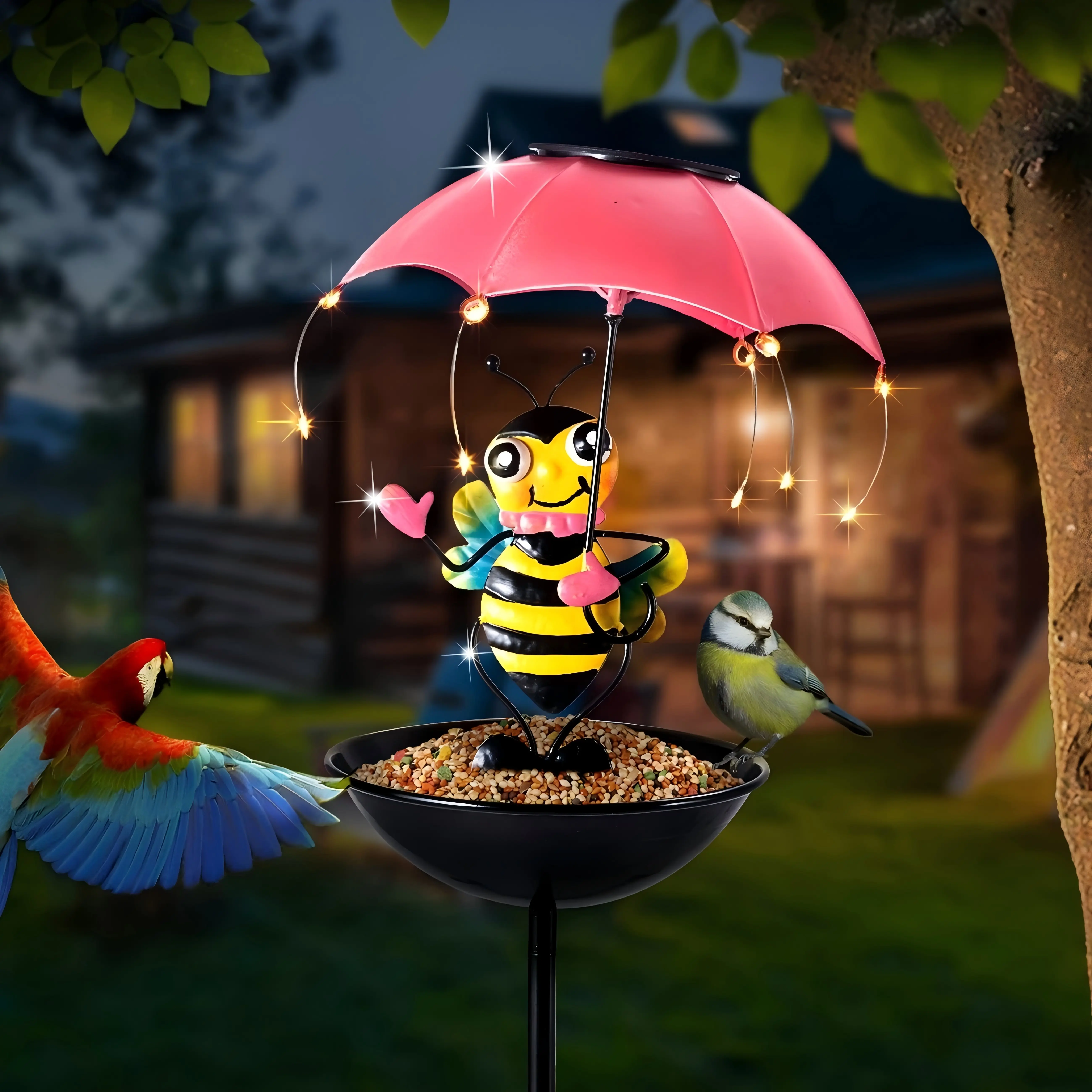 Solar bird feeder bee garden decoration, outdoor solar umbrella light, hummingbird bird feeder decorative path light, courtyard art decoration bird feeder (bee)