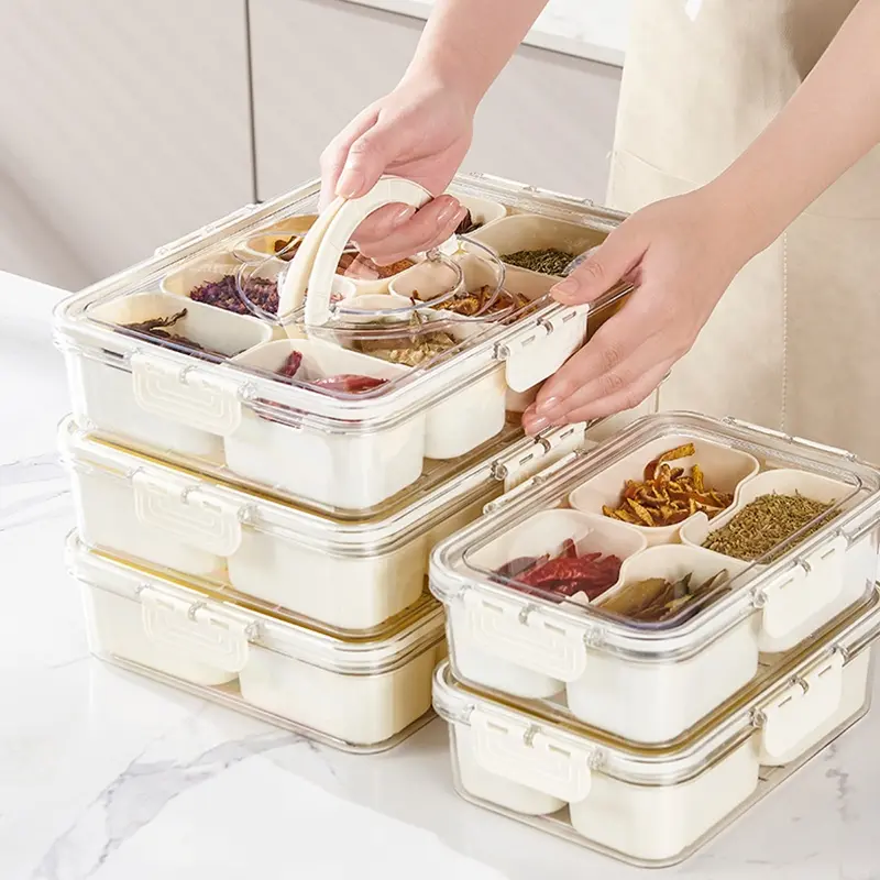 Portable Eight-Compartment Spice Storage Box Kitchen Spice Sealed Jar with Lid Storage Container - Durable Multi-Functional Fresh-Keeping Drainer, Suitable for Home Use, Camping, Meal Prep, and Vegetable Storage
