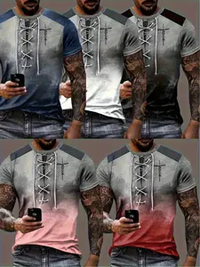 5pcs Men's Gradient Rope Pattern Henry 3D Digital Printing T-Shirt- Stretch Fabric Round Neck Short Sleeve, Machine Washable, Spring Summer Street Style Blue/White/Grey/Red