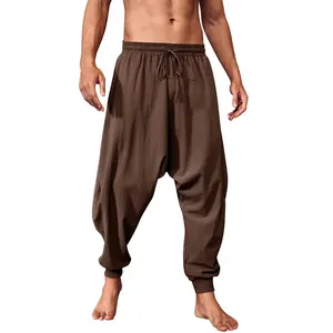 PASLTER Mens Pirate Pants Medieval Viking Costume Trousers Renaissance Halloween Baggy Harem Linen Pants Casual Cotton