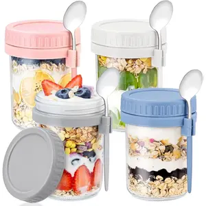 THE WELL KEPT 4 Pack Overnight Oats Containers with Lids and Spoons - DRKIO 16 Oz Glass Mason Jars for Overnight Oats Leak Proof Oatmeal Container Great for Cereal Fruit Vegetable Milk Salad Yogurt Meal Prep