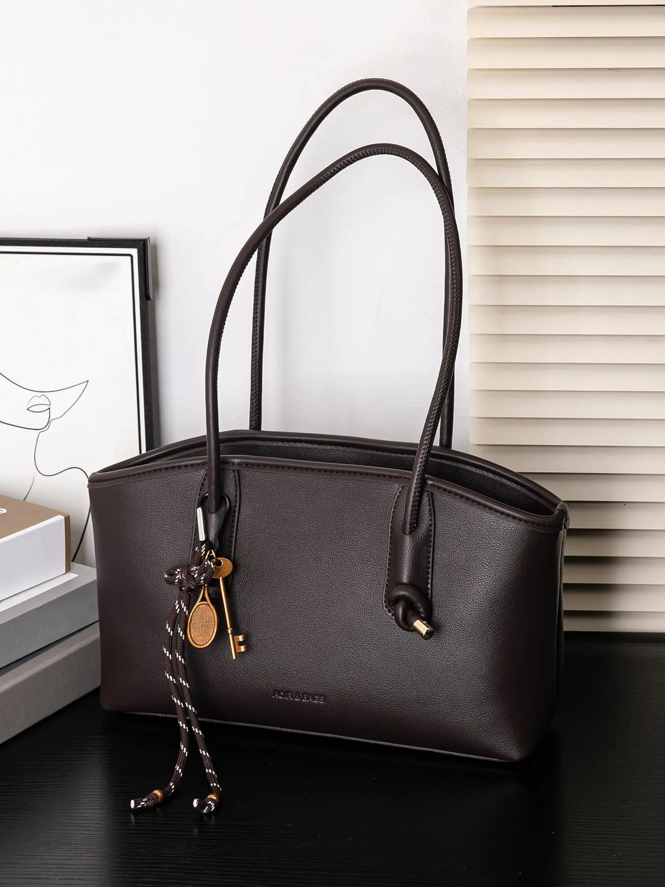 Retro light luxury texture simple style tote bag, decorated with woven rope key pendant, large capacity fashionable and casual versatile shoulder bag, suitable for daily commuting and shopping in the mall, Casual commuter bag, Casual trendy bag