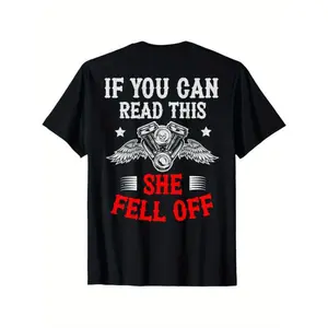 Funny Motorcycle Graphic T-Shirt - "If You Can Read This She Fell Off" Biker Humor Tee -  Cotton Crew Neck Shirt for Men & Women - Motorcycle Rider Design with Wings - Black with White & Red Print - Machine Washable Streetwear Classic