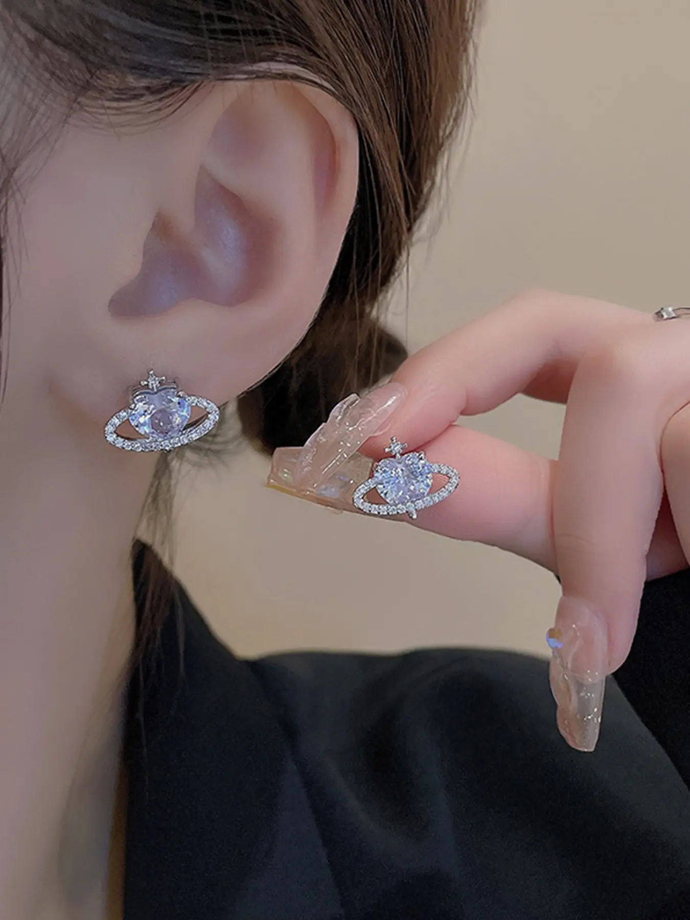 Fashion Cosmic Planet Stud Earrings, Heart Rhinestone Zircon Ear Rings, Wholesale Cross-Border Jewelry for Export