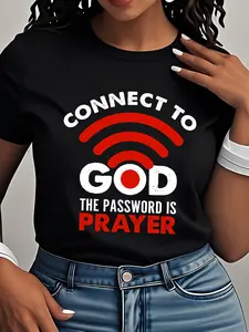 [Inspirational Polyester Tee] Polyester Women's Inspirational T-Shirt, Crew Neck, Short Sleeve, "Connect to God" Letter Print, All-Season Casual Tee, 100% Polyester Knit, Regular Length, 180gsm