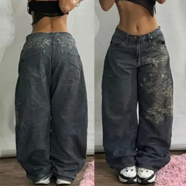 Harajuku Hip-hop Vintage Pop Gothic High Waist Wide-leg Pants Trousers Streetwear New Fashion Print Baggy Jeans