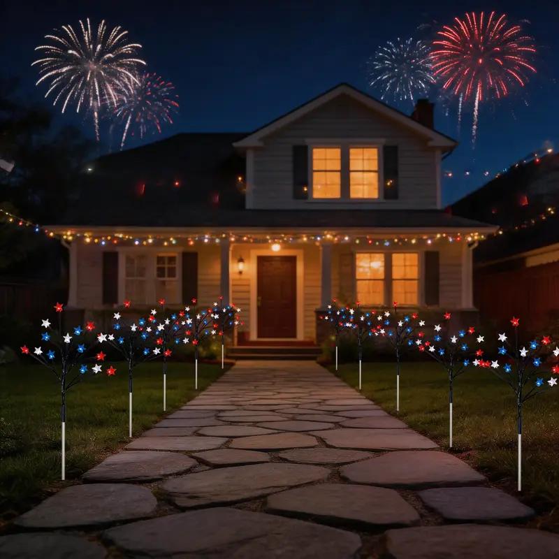 Set of 5, July 4th Outdoor Decorative Solar Stake Lights, Patriotic Red, White, and Blue Star-Spangled Solar Lights, Waterproof Outdoor Fourth of July Lights, Perfect for the Fourth of July, Memorial Day, Gardens, Pathways, Yards, Sidewalks, and Parties S