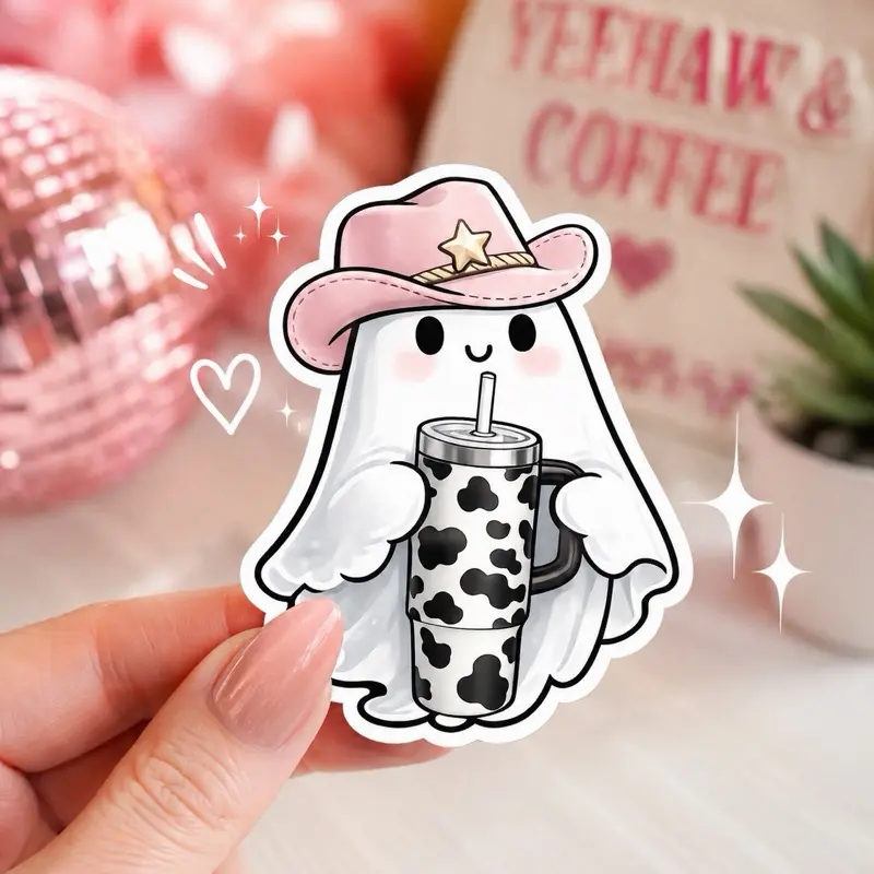 Cowgirl Ghost Stanley Sticker | Cute Western Ghost Decal | Pink Cowboy Hat Cow Print Tumbler Sticker | Girly Country Waterproof Vinyl Sticker