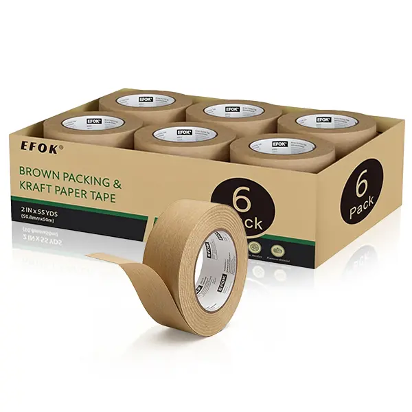 6 Rolls Brown Packing Tape 2 Inch Bulk, New Upgraded Kraft Paper Packaging Tape, 2 Inch x 55 Yards, Heavy Duty Cardboard Shipping Tape for Packing Boxes, Easy Tear by Hand for Express Parcels & Daily Office Supplies