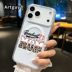 Magnetic Phone Case Supports Wireless Charging for iPhone 17 16  Pro Max Plus 15 14 13 12 11 Air E Baseball Mom Love Pattern Non-Yellowing Shockproof Soft Silicone Transparent Acrylic Large Hole Cover