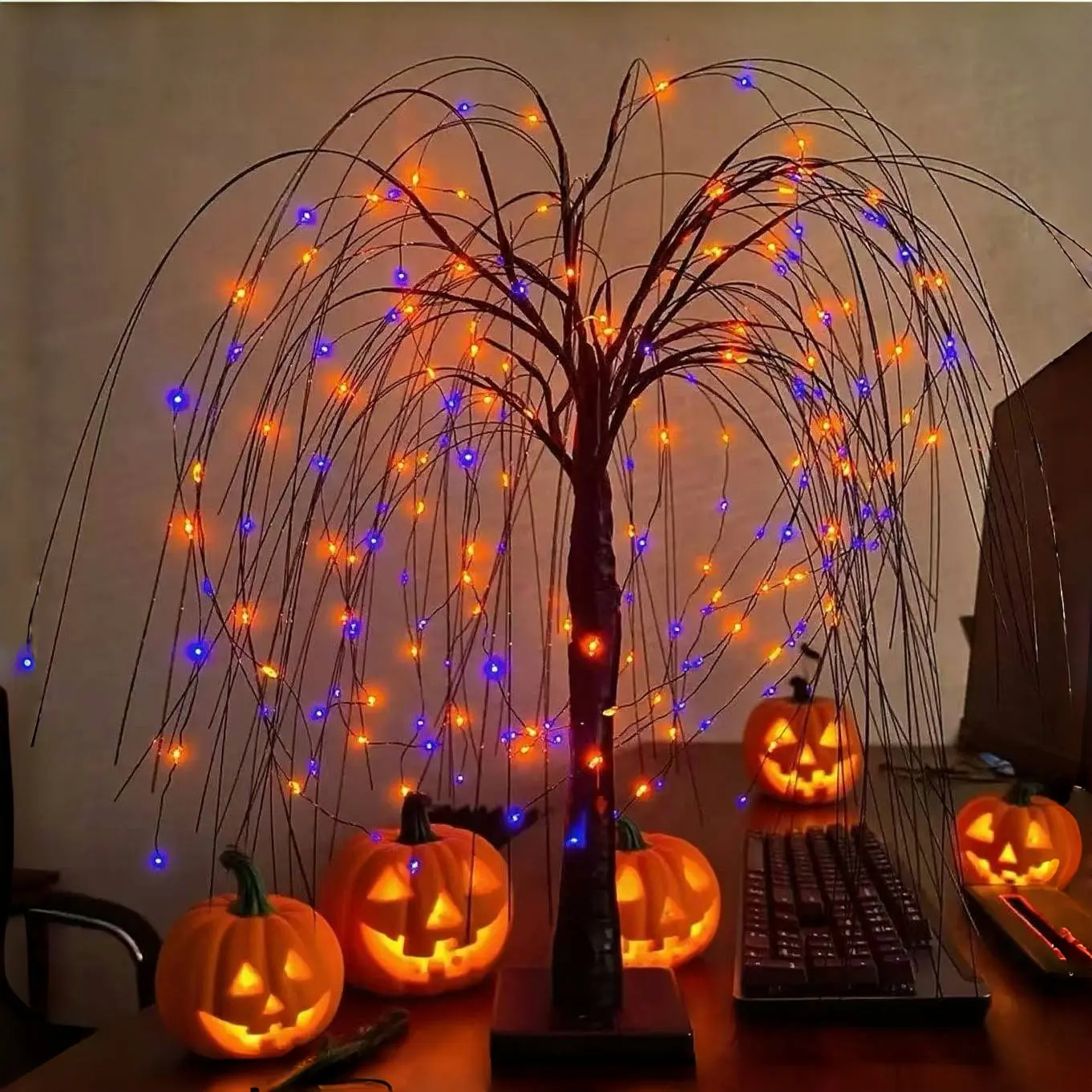 Halloween Willow Tree Lights - Purple & Orange LED Decorative Lights with Multiple Lighting Modes, USB Port/Battery Powered Cordless Goth Decor, for Home Ceremony, 7-Day No-Reason Returns, Christmas Parties
