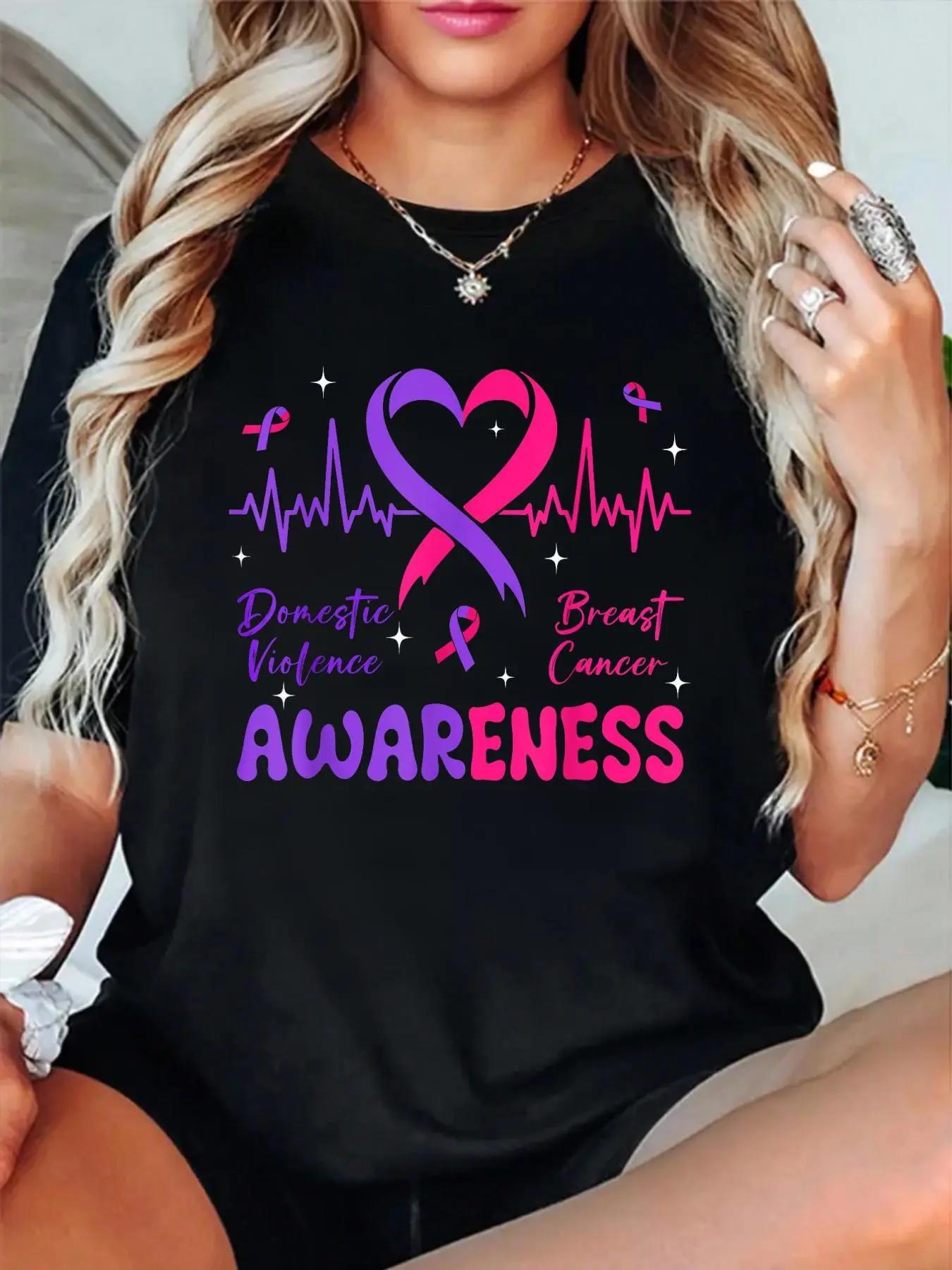 100% Cotton Domestic Violence And Breast Cancer Awareness Month T-Shirt Women's vintage Summer vacation tops Graphic Tee