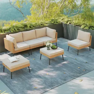 【Ships in 2 Packages】 6 Piece Patio Furniture Set - 6-Seat Wicker Sectional with Thick Cushions & Ottomans, Grey for Garden Backyard Party