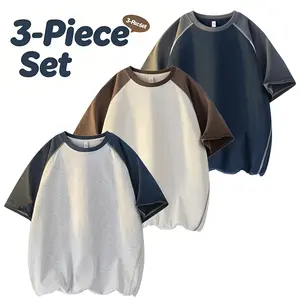 3-Pack Men’s Drop-Shoulder Color-Block T-Shirts, Casual Loose Fit, Short Sleeve for Summer