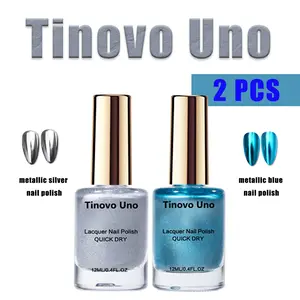 Tinovo Uno 2 PCS Set Metallic Blue Silver Nail Polish 12ml Bottles Total 24ml Alcohol-Free Adult Use Quick Dry Chrome Finish Tu-Np-005-4