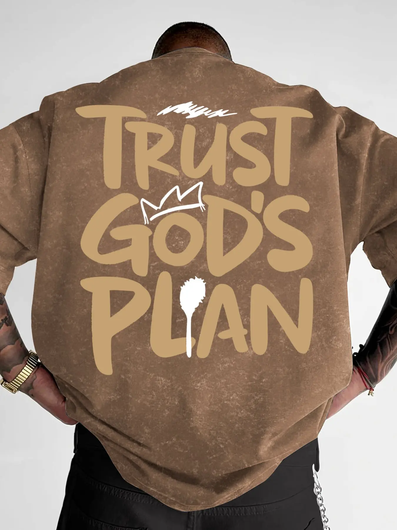 Men's Washed Vintage T-Shirt, "Trust God's Plan" Print Oversized Tee, Christian Streetwear Casual Top, Casual Graphic Tee #ChristianTee #TrustGodsPlan #WashedVintageShirt #FaithStreetwear #TikTokMadeMeBuyIt