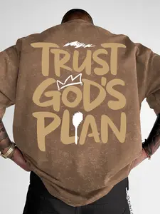 Men's Washed Vintage T-Shirt, "Trust God's Plan" Print Oversized Tee, Christian Streetwear Casual Top #ChristianTee #TrustGodsPlan #WashedVintageShirt #FaithStreetwear #TikTokMadeMeBuyIt