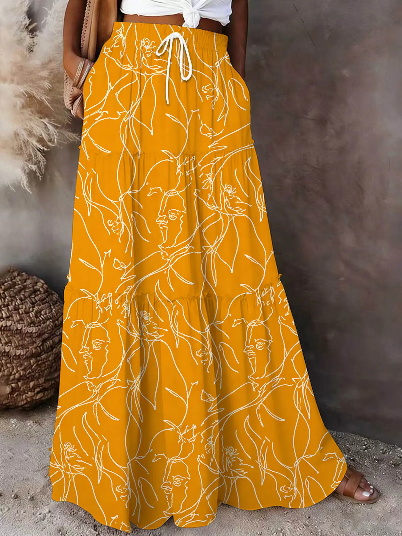Boho Abstract Line Art Tiered Maxi Skirt, Orange High Waist Drawstring Flowy A-Line Skirt with Pockets, Casual Summer Bohemian Print Long Skirt for Women