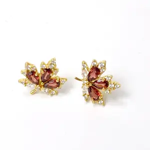 925 Sterling Silver Rose-gold plated Red Garnet Gemstone Maple Leaf Stud Earrings, Pear Cut Genuine Birthstone For Women Or Girls