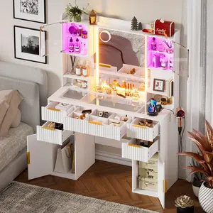 Fluted Makeup Vanity Desk with Lights 3 Colors, Vanity Desk with Mirror and Lights, Glass Top Vanity with 16 RGB Colors Cabinet, 2 Shelves & 5 Drawers & Power Outlet for Bedroom, White  Makeup Vanity with Mirror Voice-Activated LED