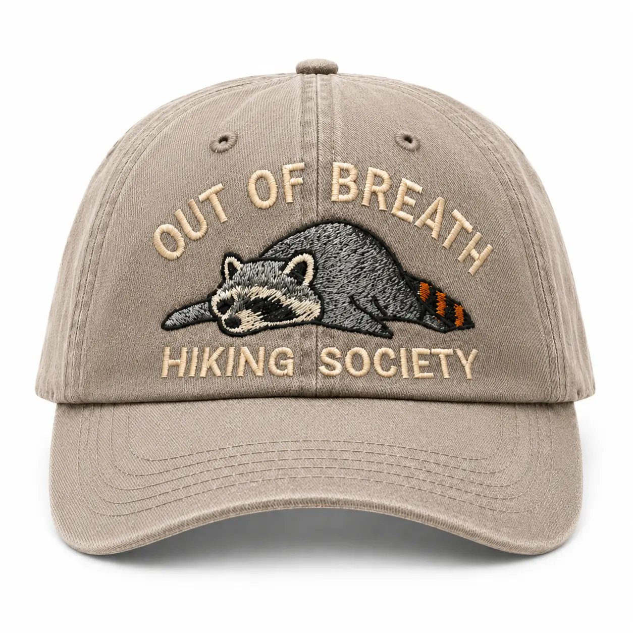 **Out of Breath Hiking Society Embroidered Raccoon Hat, Funny Hiking Dad Cap, Vintage Washed Outdoor Baseball Hat, Raccoon Lover Gift, Camping Nature Adventure Unisex Cap**