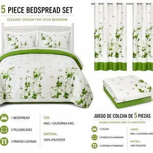 5-Piece Bedspread Set with Matching Curtains – Green Floral Vine Design | King / California King /  Juego de Colcha 5 Piezas con Cortinas Incluidas – Diseño Floral Verde Elegante | King / California King