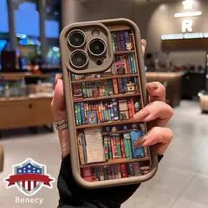 TPU Phone Case for iPhone 15 16 14 Pro Max 13 12 11 XR XS Plus E Cartoon Bookshelf Pattern Anti-Scratch Shockproof Soft Silicone Protective Cover Smartphone Casing