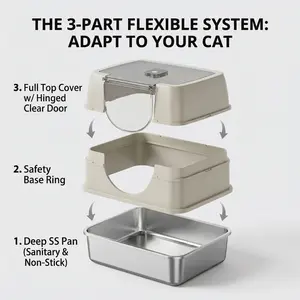 Premium Stainless Steel Modular Cat Litter Box 23.6in x 13.8in x 13.8in Antibacterial Non-Stick Flip-Top Lid Odor Control Hygienic Minimalist Design Beige Finish outdoorfun
