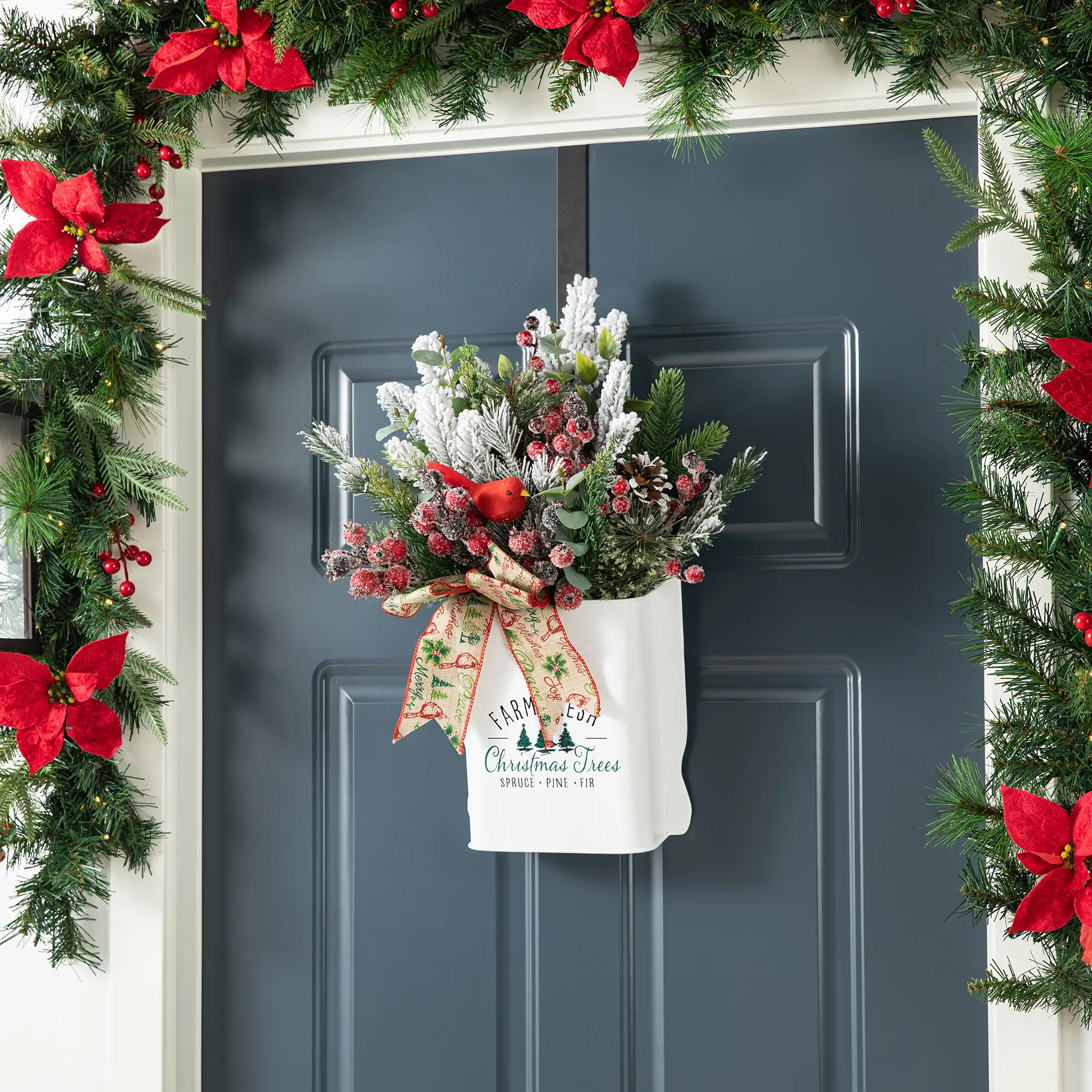 Glitzhome 21"H Christmas Pine Needle, Berry & Ribbon Centerpiece Figurine with Flowers for Holiday Decorating, Christmas Decorations, Bucket