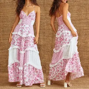 Women's Casual Summer Lace Patchwork Dress Puffy Short Halter Neck Smocked Tiered Ruffle Dresses（gift）