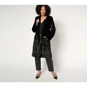 Dennis Basso Petite Sculpted Plaid Faux Fur Coat