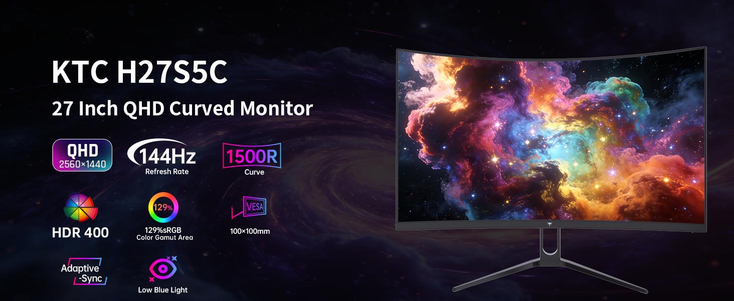 KTC 27" 2K QHD HDR400 VA 1500R Curved Gaming Monitor, 1440P QHD 144Hz 120Hz Monitor, Adaptive Sync, 400nits, HDMI 2.0 x2, DP 1.4, VESA 100x100 PC Monitor, H27S5C