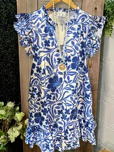 Blue and White Ruffle Sleeve V-Neck Dress