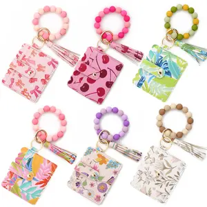 2026 Silicone Bead Bracelet Ocean Print Leather Card Bag Wristlet Keychain Mushroom Fruit Leather Wallet Bangle