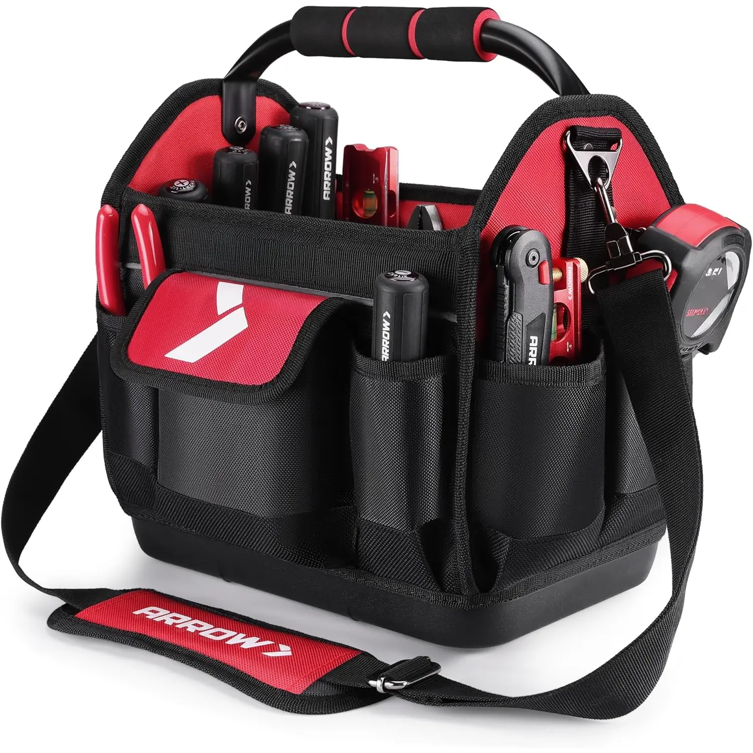 12" Tool Tote with  Hard Base, Electrician Tool Bag with 19 Pockets, 840D Oxford Fabric, Open Top Tool Bag for Plumber Mechanic HVAC Automotive