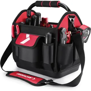 12" Tool Tote with  Hard Base, Electrician Tool Bag with 19 Pockets, 840D Oxford Fabric, Open Top Tool Bag for Plumber Mechanic HVAC Automotive