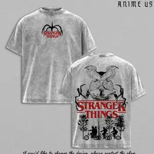 Stranger Things T Shirt Vintage Washed Oversized Graphic Tee Demogorgon Retro Horror Series Shirt Hawkins Bike Scene Streetwear Top for Fans Men Women XNH