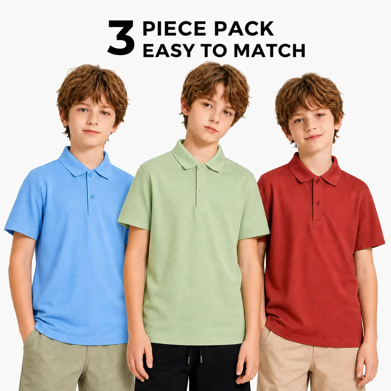 BIG ELEPHANT Boys 3-Pack Polo Shirts, Soft & Breathable Kids School Uniform, Short-Sleeve Everyday Wear for Ages 6–15