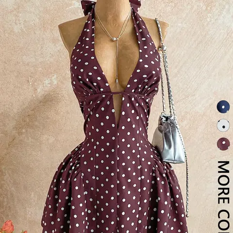 Women's Polka Dot V-Neck Lace-Up Casual Sexy Sweet Waist A-Line Short Dress, Perfect for Party, Date, Nightclub, Boho Style, Vacation, Womenswear