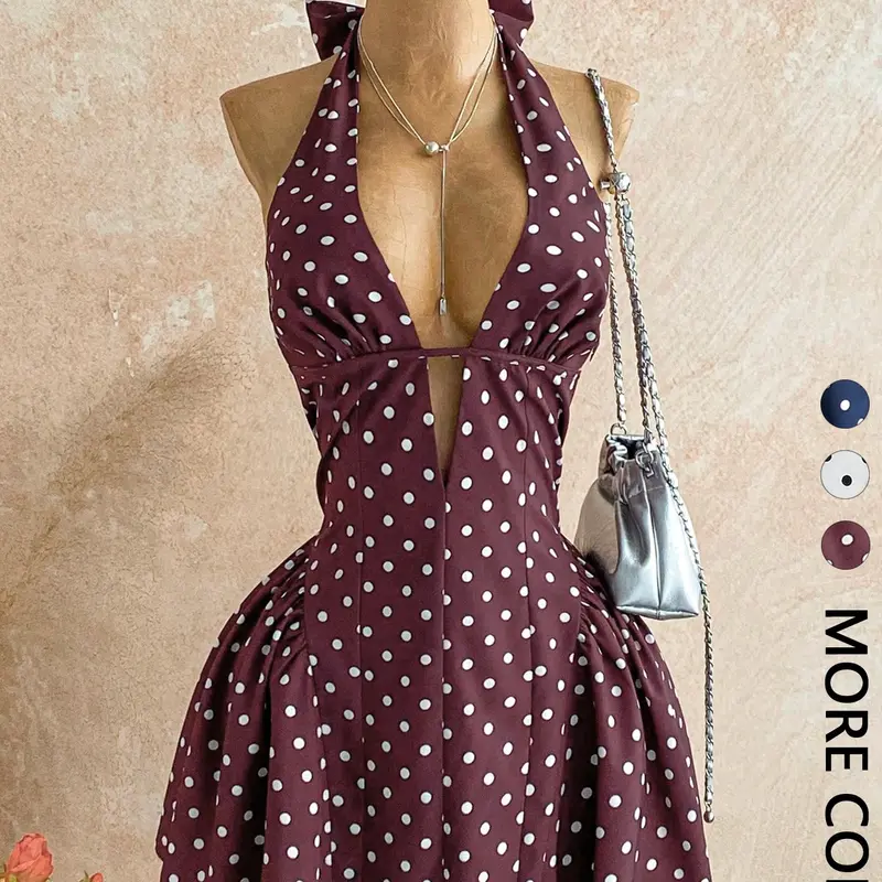 Women's Polka Dot V-Neck Lace-Up Casual Sexy Sweet Waist A-Line Short Dress, Perfect for Party, Date, Nightclub, Boho Style, Vacation, Womenswear
