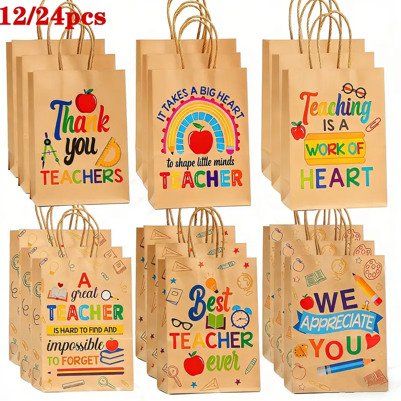 12/24 Teacher Appreciation Gift Paper Bags, Back-to-School Doodle Pattern Treat Bags for Teachers' Day, Graduation, and Retirement, Wrapping Supplies, Teacher Gift Idea, Gift Wrapped