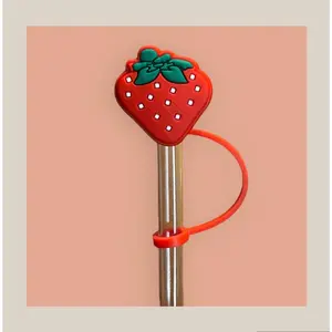 Strawberry Cooty Cover cute straws black straw drinkware accessories stanley topper reusable dustproof silicone straw cover